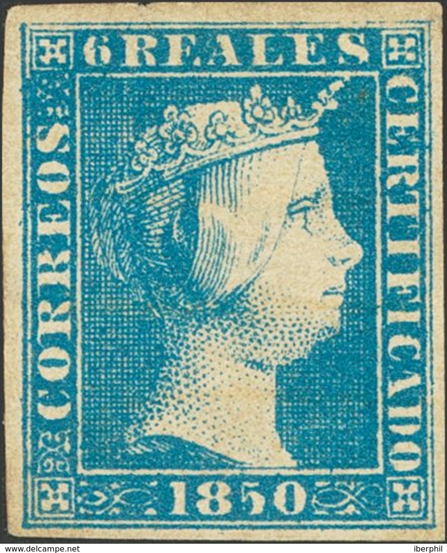 100 * 4. 1850. 6 Reales Azul (invisible Puntito Claro). Excelente Color Y Buenos Márgenes. MAGNIFICO. Cert. CEM. (Edifil - Other & Unclassified