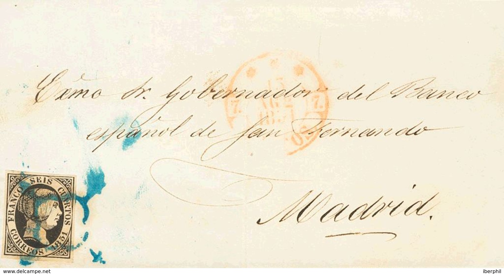 107 SOBRE 6. 1851. 6 Cuartos Negro. BURGOS A MADRID. Matasello ARAÑA, En Azul. MAGNIFICA Y RARA. - Other & Unclassified