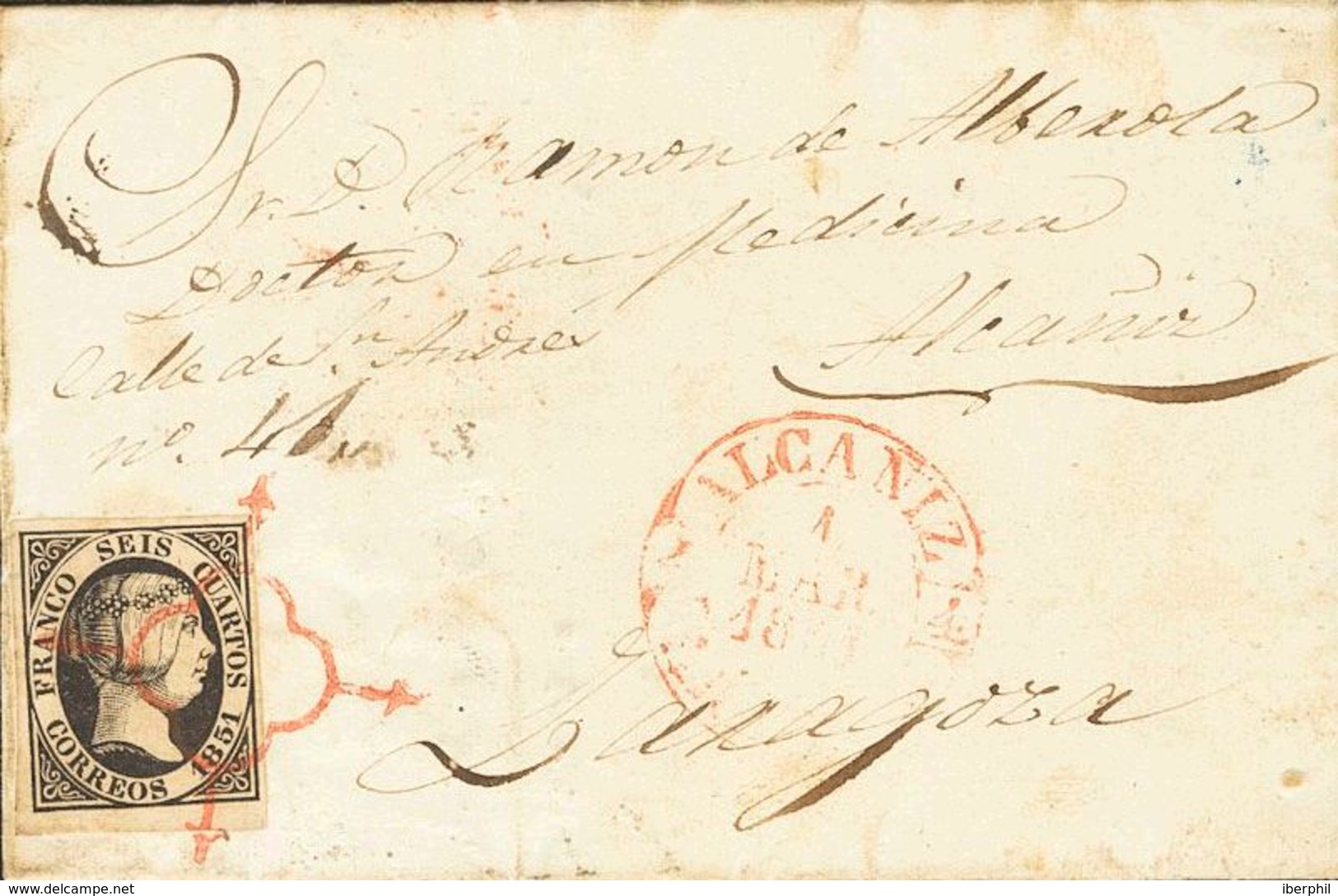 108 SOBRE 6. 1851. 6 Cuartos Negro. VALDEALGORFA (TERUEL) A ZARAGOZA. Matasello ARAÑA, En Rojo Y Estampada En Tránsito,  - Other & Unclassified