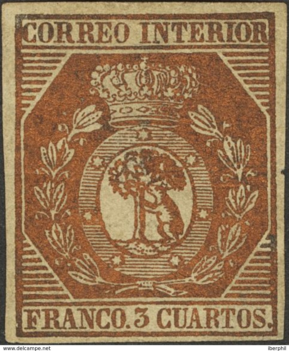 141 (*) 23. 1853. 3 Cuartos Bronce Dorado (levísima Reparación En La Esquina Inferior Izquierda). Enormes Márgenes Y Col - Other & Unclassified