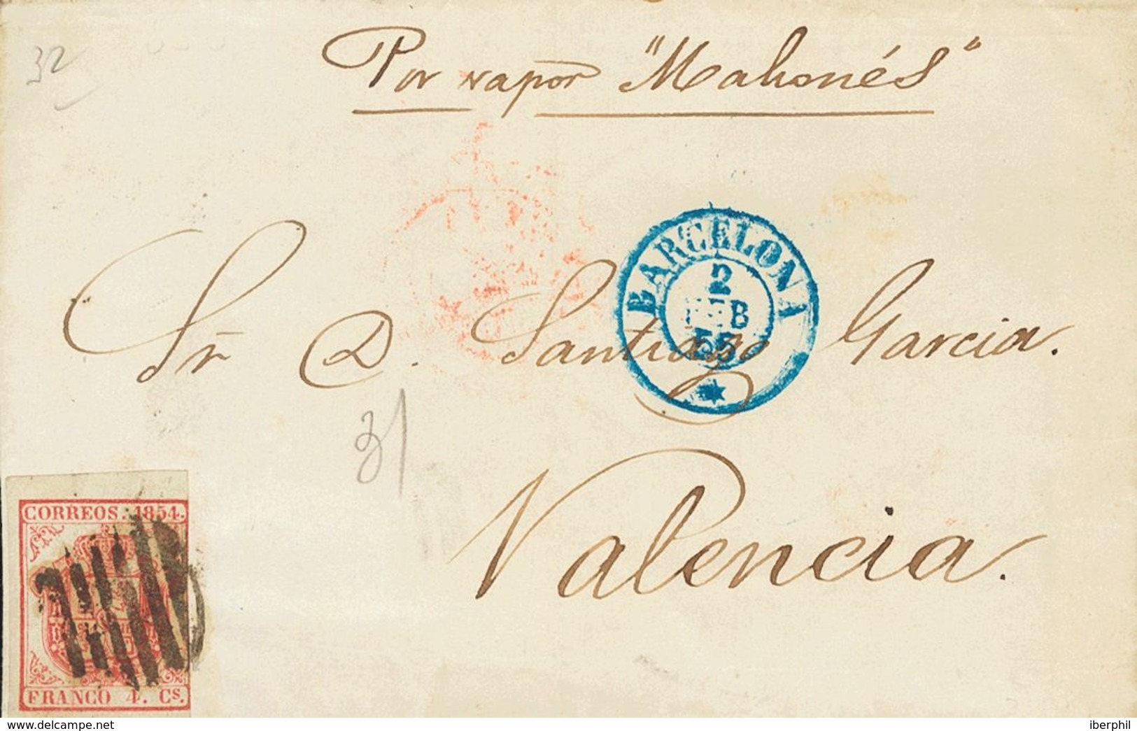 151 SOBRE 33. 1855. 4 Cuartos Carmín, Borde De Hoja. BARCELONA A VALENCIA. En El Frente Manuscrito "Por Vapor Mahonés".  - Other & Unclassified