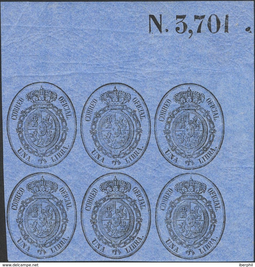 157 ** 38(6). 1855. 1 Libra Negro Sobre Azul, Bloque De Seis, Esquina De Pliego. MAGNIFICO. (Edifil 2014: +234€) - Other & Unclassified