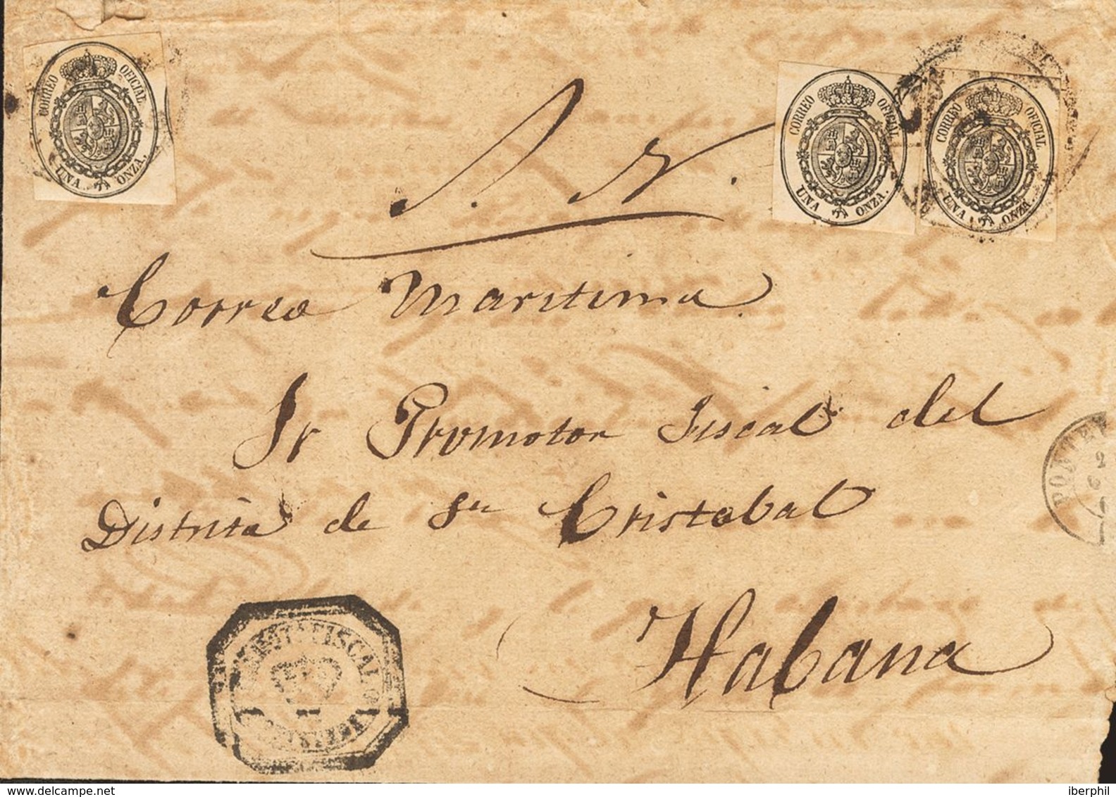 160 SOBRE 35(3). (1860ca). 1 Onza Negro Sobre Amarillo. PONTEVEDRA A LA HABANA. Matasello R.CARRETA Nº39 Y Marca De Fran - Sonstige & Ohne Zuordnung