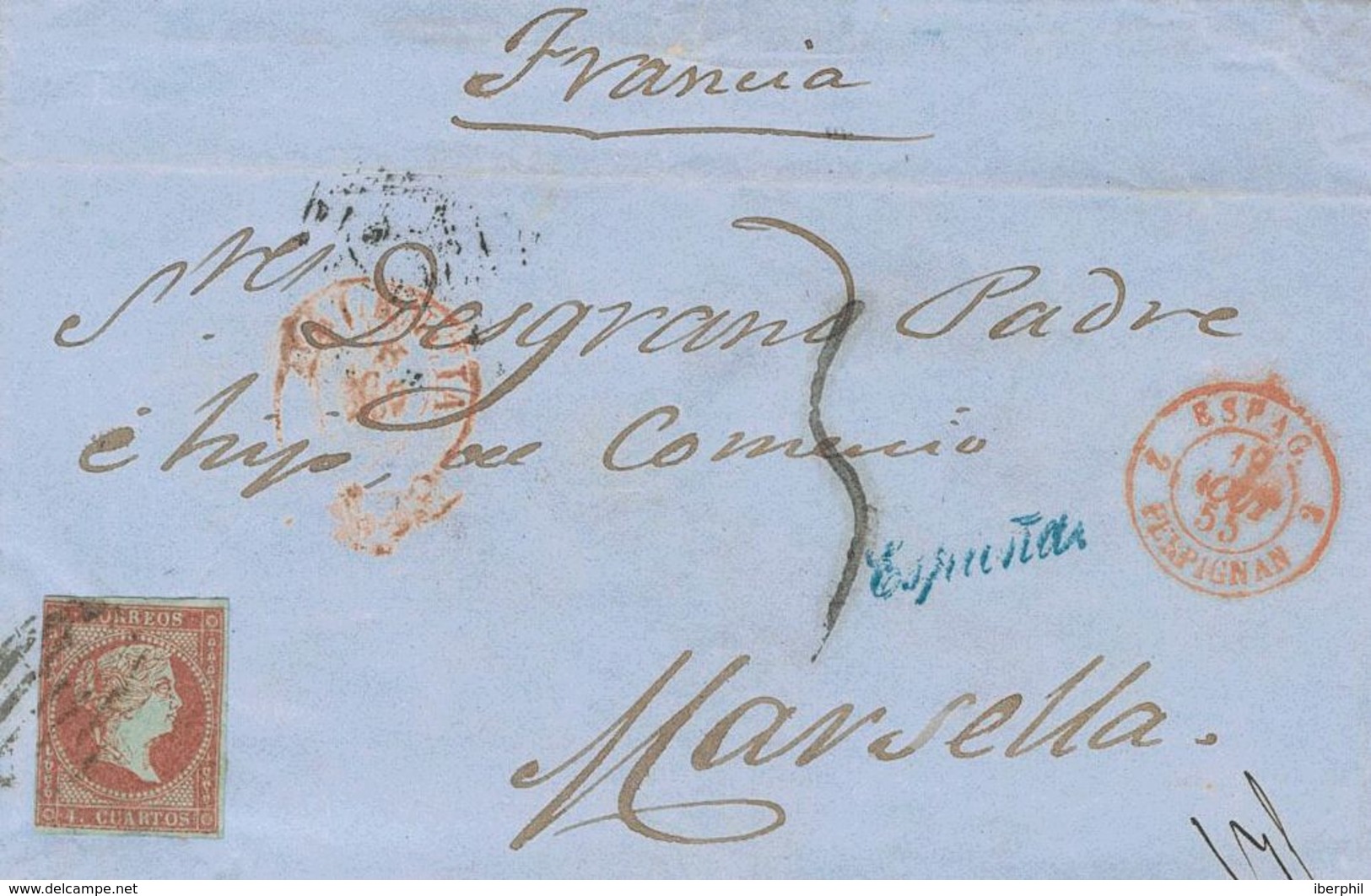 163 SOBRE 40. 1855. 4 Cuartos Rojo Carmín. VALENCIA A MARSELLA (FRANCIA). Según El Convenio Postal Con Francia, En Vigor - Other & Unclassified