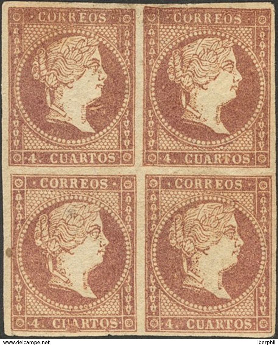 170 * 44cc(4). 1855. 4 Cuartos Castaño, Bloque De Cuatro. Variedad ERROR DE COLOR (en Lugar De Color Rojo). MAGNIFICO Y  - Other & Unclassified