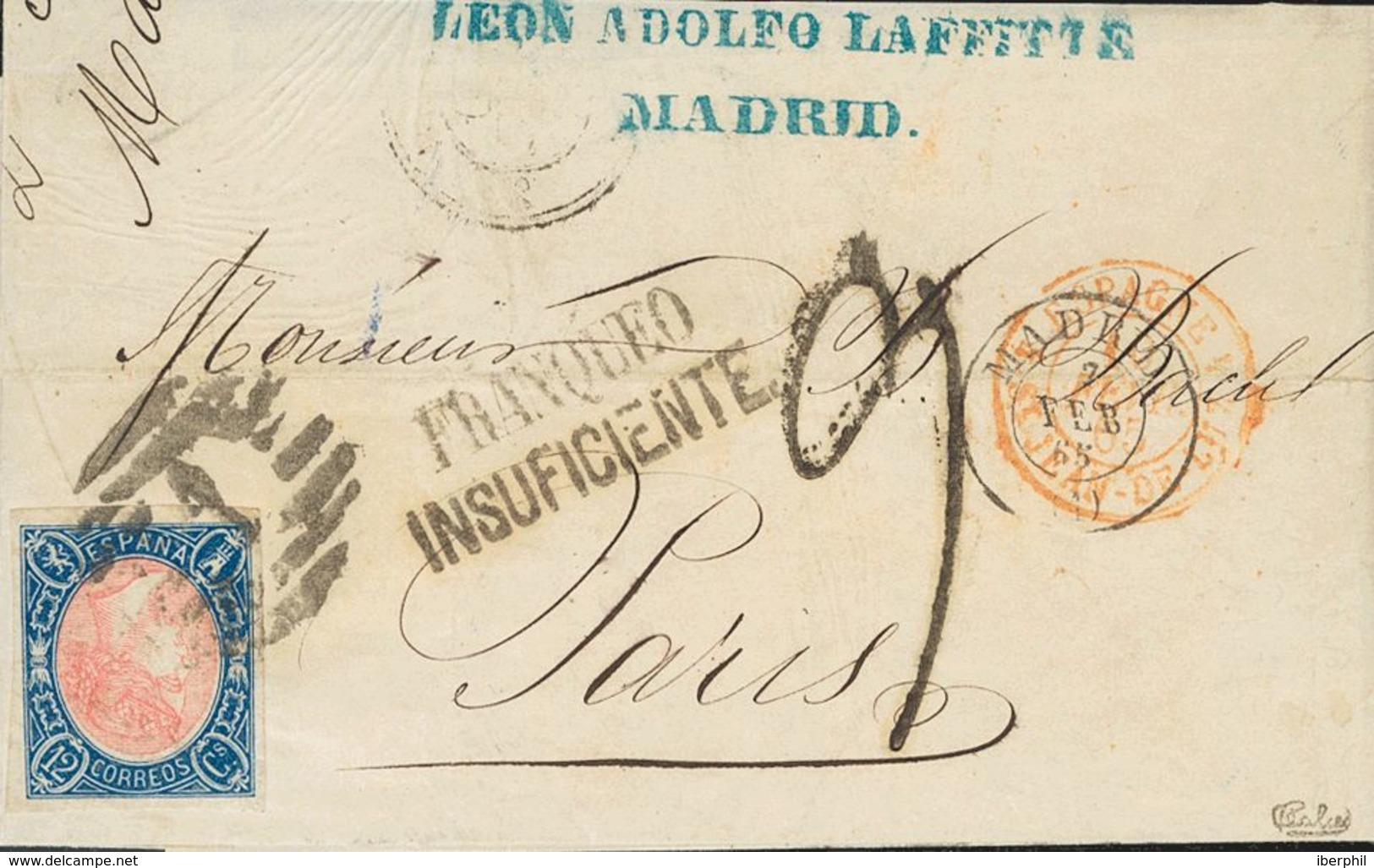 208 SOBRE 70ei. 1865. 12 Cuartos Azul Y Rosa MARCO INVERTIDO. MADRID A PARIS (FRANCIA). Matasello PARRILLA CON Nº1, En E - Other & Unclassified