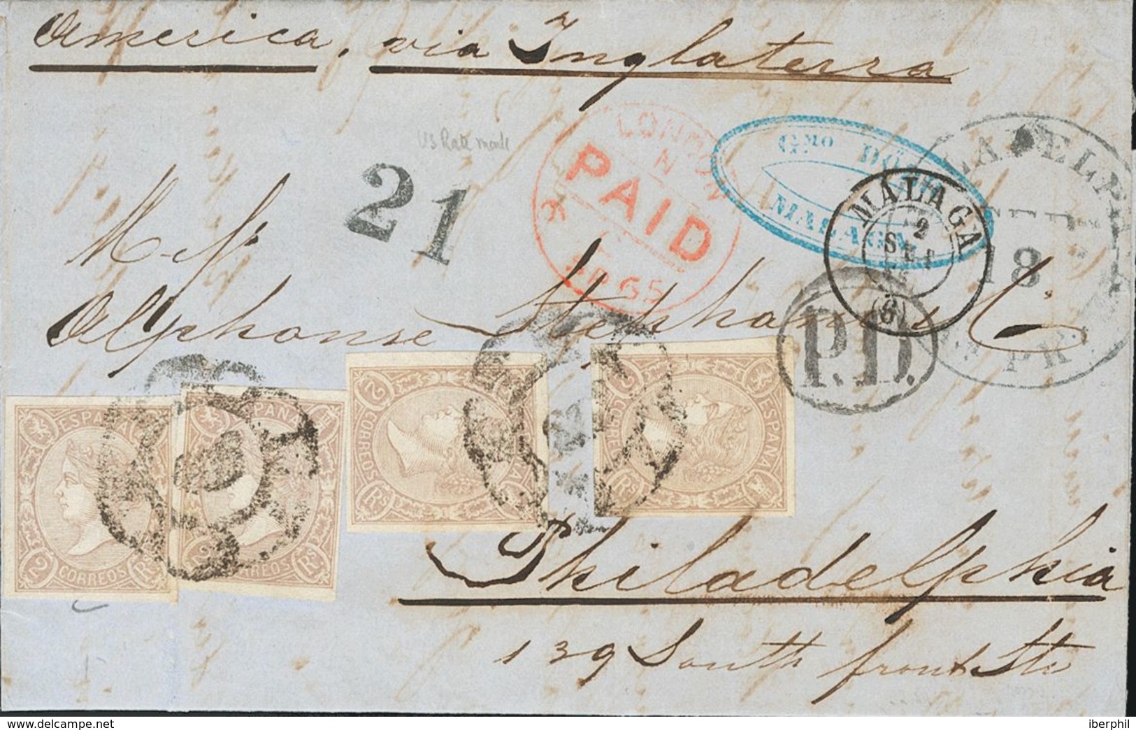 212 SOBRE 73(4). 1865. 2 Reales Lila Gris, Cuatro Sellos. MALAGA A PHILADELPHIA (U.S.A.). MAGNIFICA Y RARO FRANQUEO DE D - Other & Unclassified