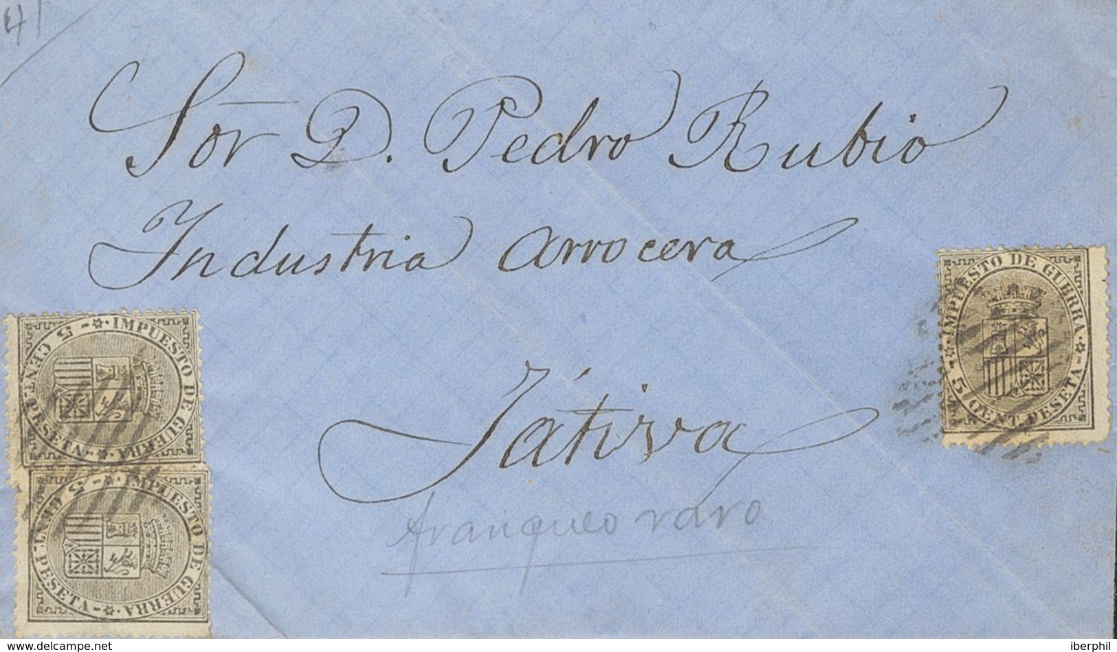 242 SOBRE 141(3). 1874. 5 Cts Negro, Tres Sellos. Dirigida A JATIVA. Matasello REJILLA. MAGNIFICA E INUSUAL FRANQUEO CON - Other & Unclassified