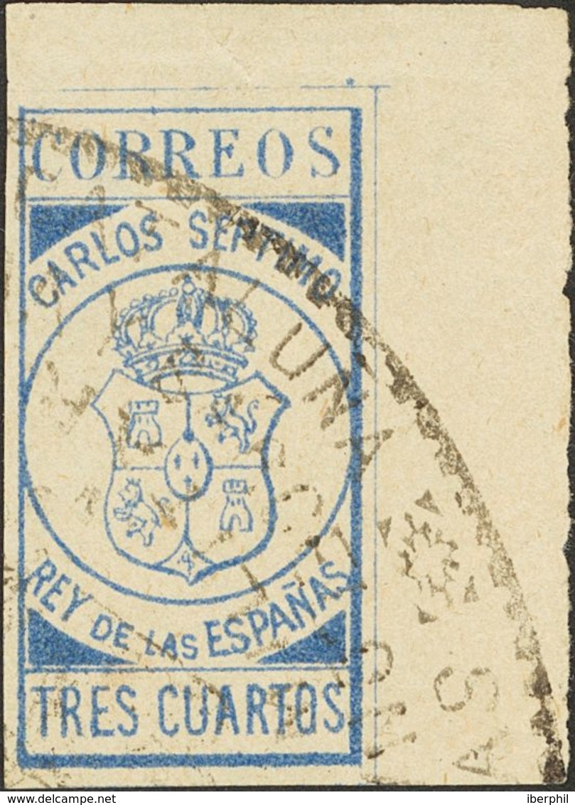 263 º . 1874. 3 Cuartos Azul, Esquina De Pliego (puntito Claro, Como Es Habitual En Todos Los Ejemplares Conocidos). EJE - Other & Unclassified