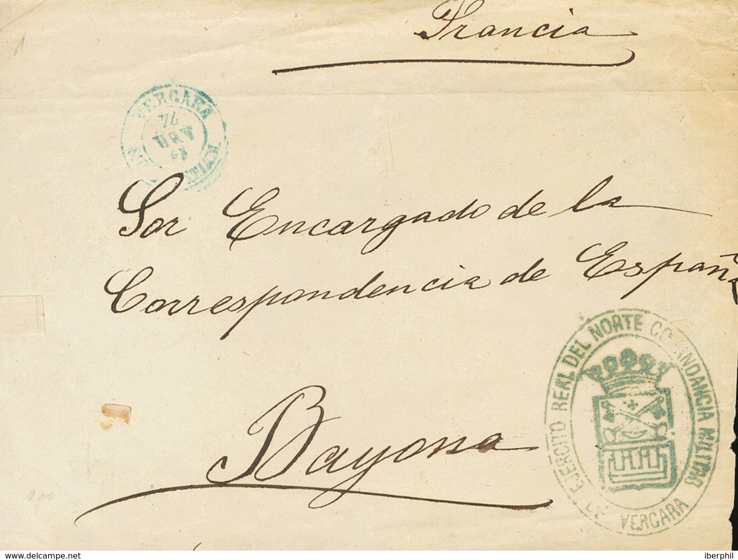 276 SOBRE. 1874. Frontal De VERGARA A BAYONA (FRANCIA), Dirigida Al "Señor Encargado De La Correspondencia De España". M - Other & Unclassified