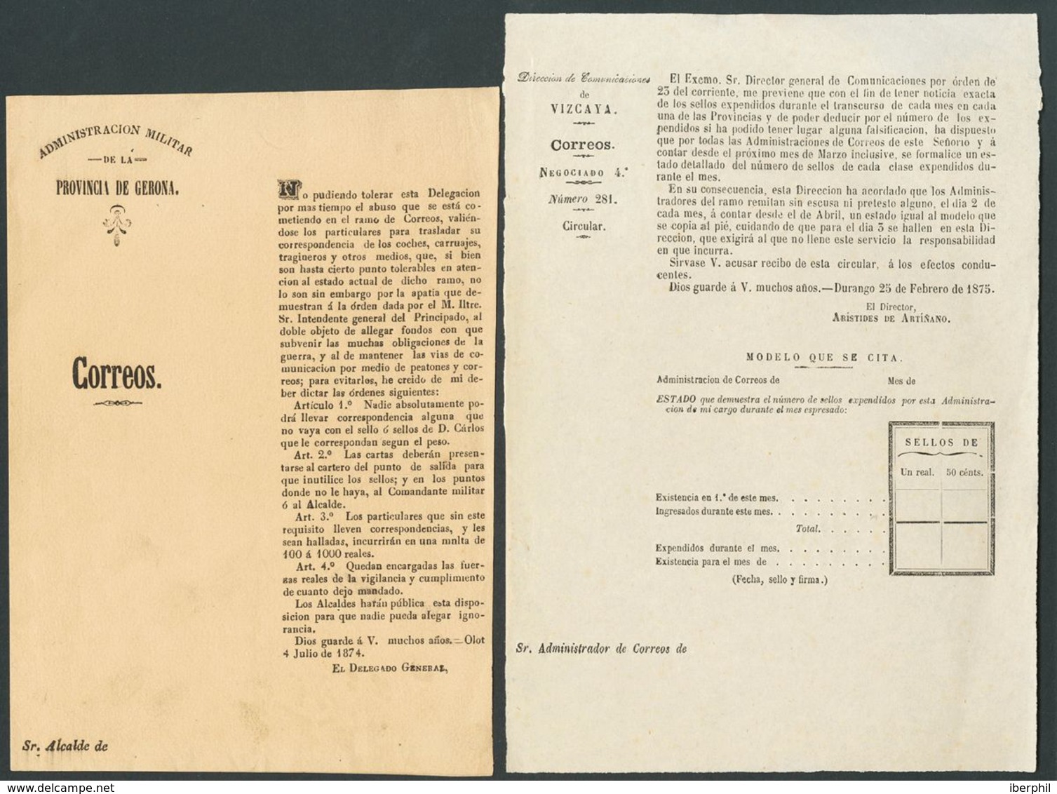 277 SOBRE. (1874ca). Conjunto De Dos Documentos, Uno De La Administración Militar De Gerona Fechado En Olot En 1874 Sobr - Other & Unclassified