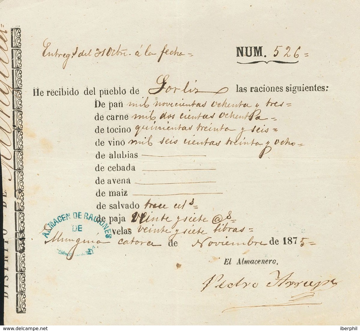 278 SOBRE. 1875. Real Servicio De MUNGUIA (VIZCAYA) A GORLIZ. Marca ALMACEN DE RACIONES / DE "MUNGUIA", En Azul Contenie - Other & Unclassified