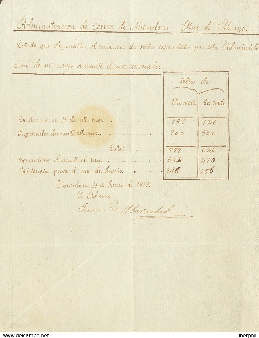 279 SOBRE. 1875. Documento De La Administración De Correos De Mundaca Del Inventario De Existencias De Los Sellos De 50  - Andere & Zonder Classificatie