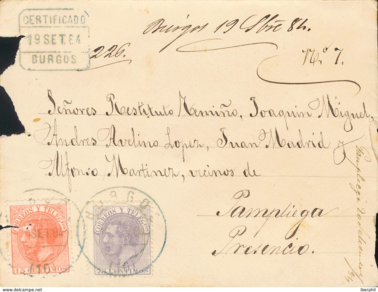 304 SOBRE 210, 212. 1884. 15 Cts Naranja Y 75 Cts Violeta. Certificado De BURGOS A PRESENCIO (BURGOS) (erosiones Provoca - Otros & Sin Clasificación