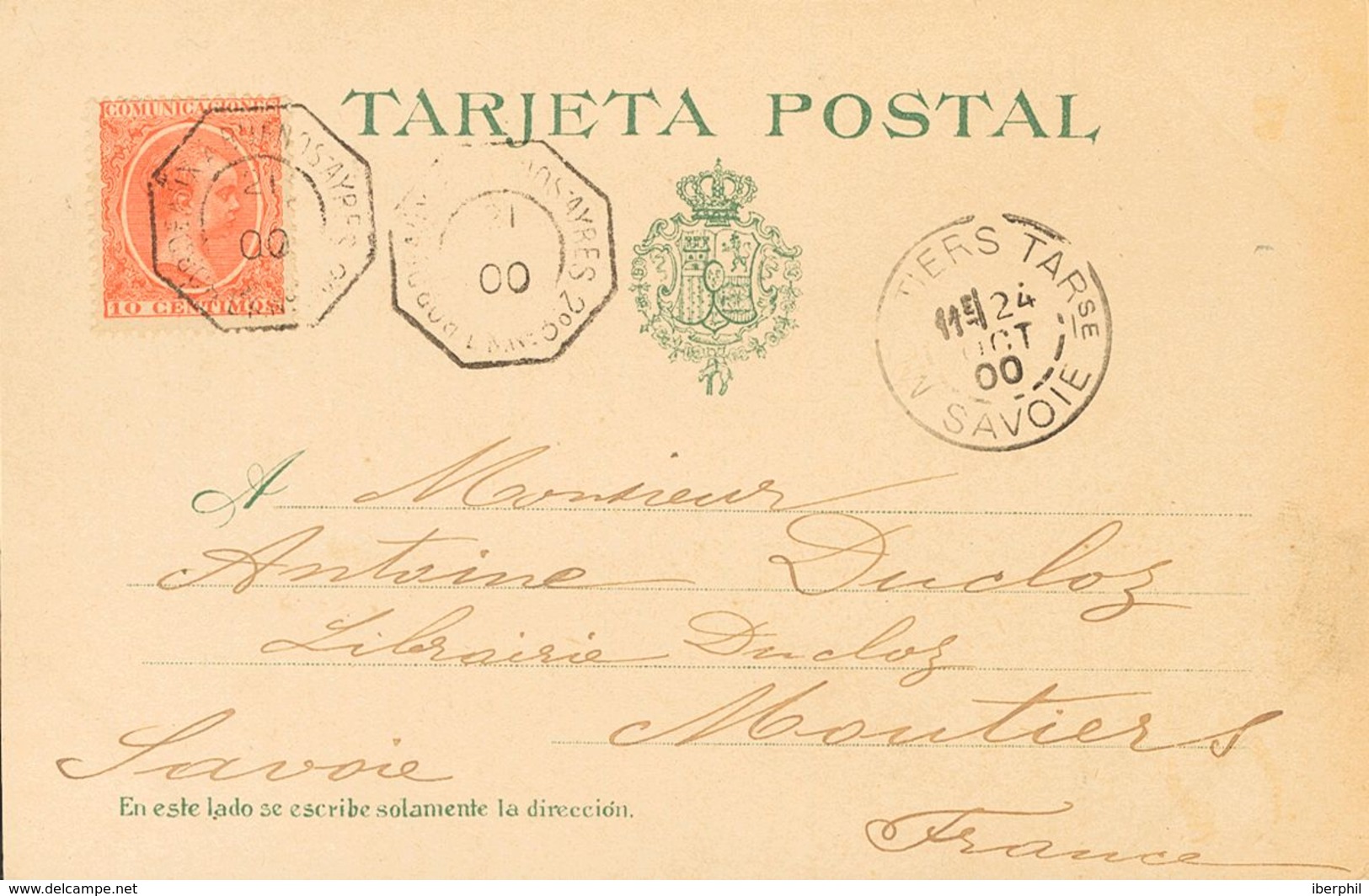 309 SOBRE 220. 1900. 10 Cts Bermellón. Tarjeta Postal De LA CORUÑA A MOUTIERS (FRANCIA). Matasello Octogonal Francés BOR - Other & Unclassified