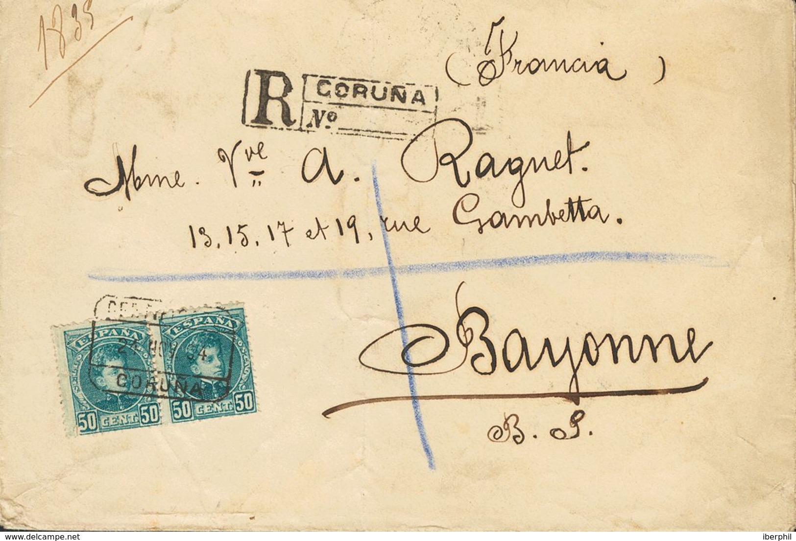 326 SOBRE 252(2). 1904. 50 Cts Verde Azul. Certificado De LA CORUÑA A BAYONA (FRANCIA). Al Dorso AMB.DESC. / NORTE. MAGN - Other & Unclassified