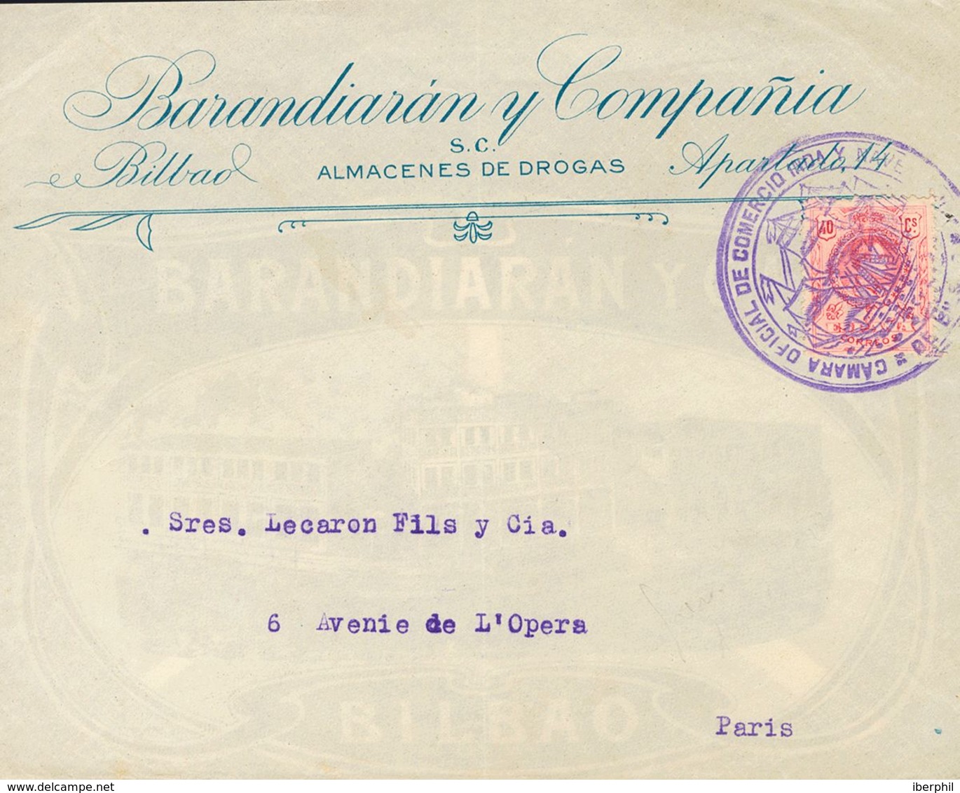 343 SOBRE 276. 1909. 40 Cts Rosa. BILBAO A PARIS (FRANCIA), Circulada Durante La Huelga De Correos De 1922. Matasello CA - Other & Unclassified