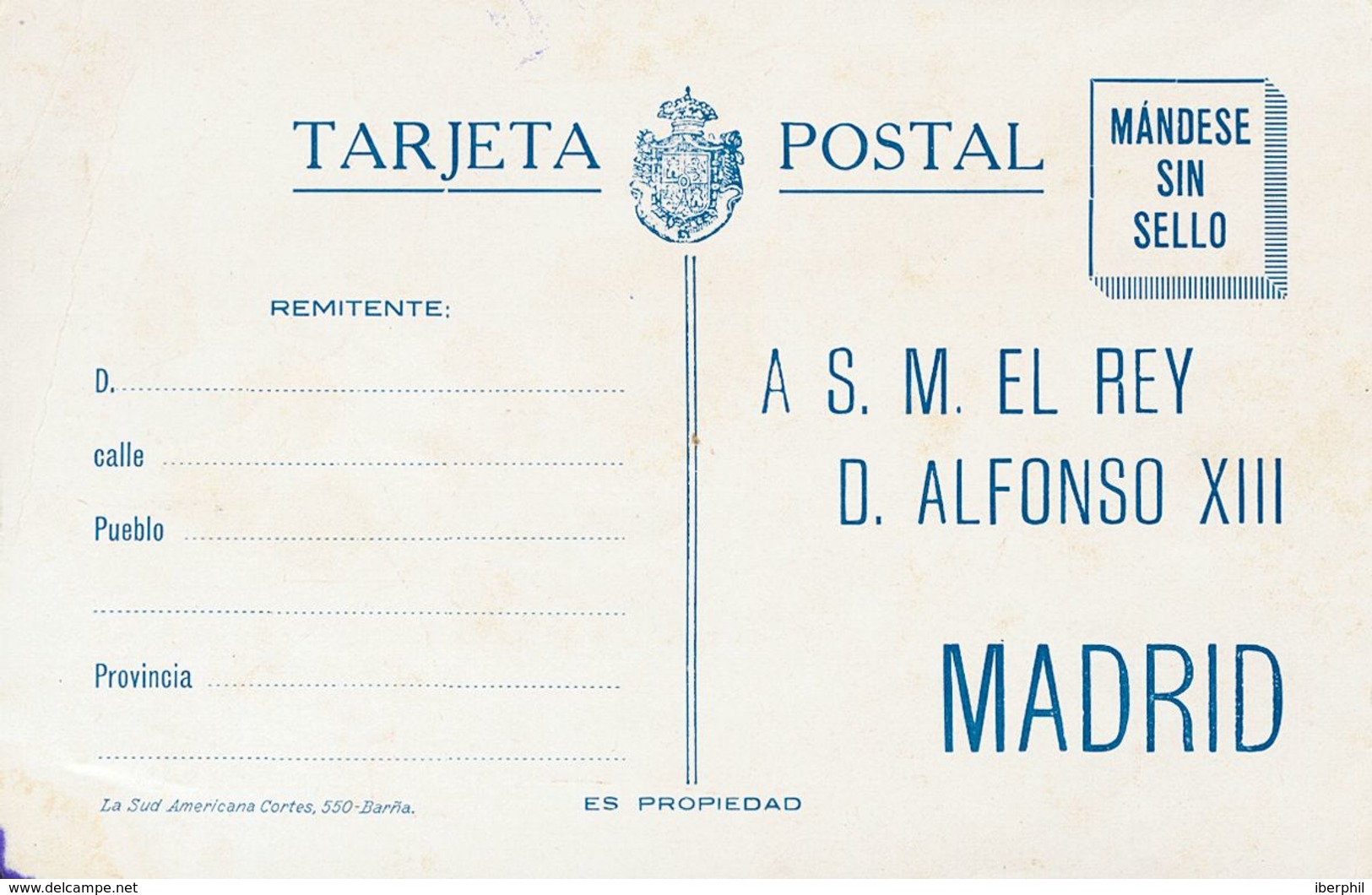 344 (*) . (1910ca). Tarjeta Postal ADHESION A S.M. EL REY DON ALFONSO XIII, Preparada Para Circular Sin Sello A Modo De  - Other & Unclassified