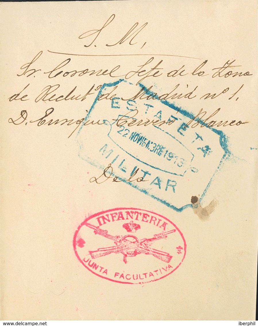 345 SOBRE. 1913. Dirigida A MADRID. Marca De Franquicia INFANTERIA / JUNTA FACULTATIVA, En Rojo Y Fechador ESTAFETA / MI - Other & Unclassified