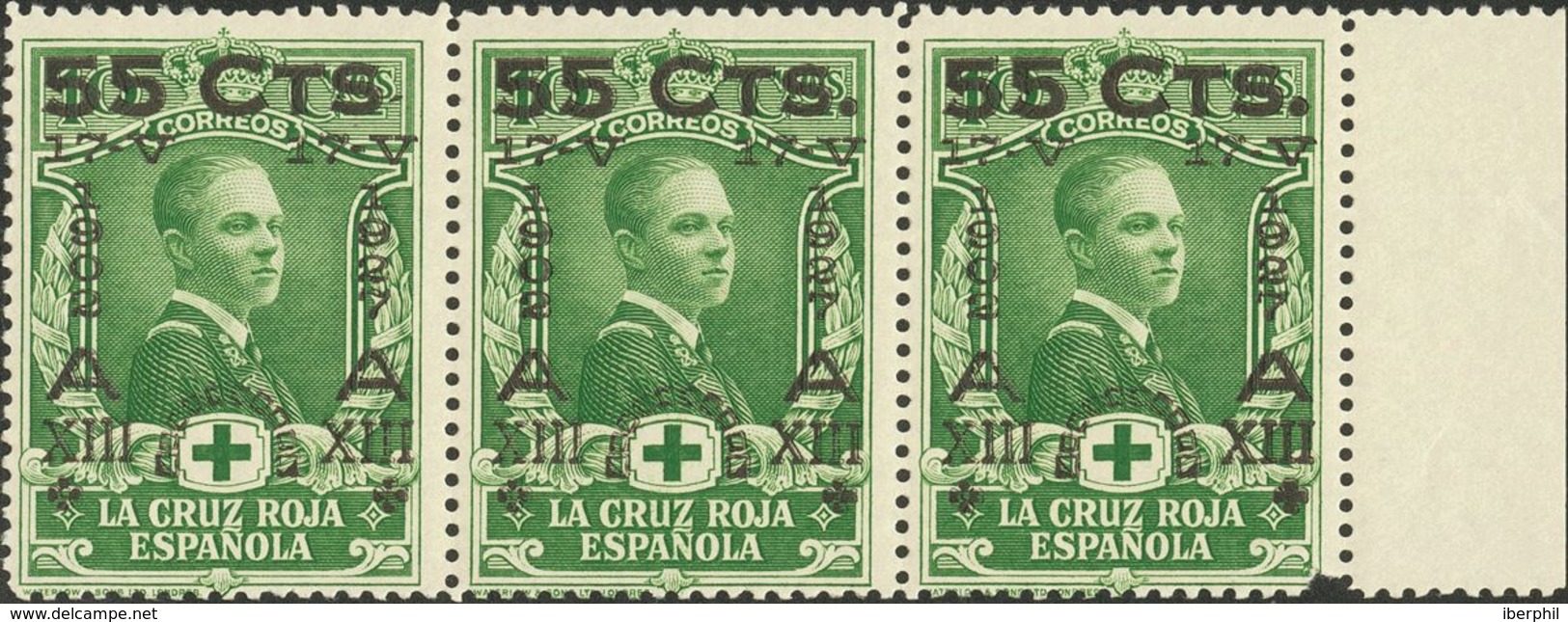 393 ** 378t, 379t. 1927. 55 Cts Sobre 10 Cts, Tira De Tres (un Sello Sin La Variedad Pequeño Defecto) Y 55 Cts Sobre 20  - Other & Unclassified