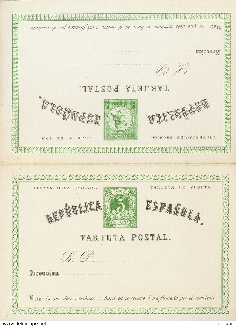 688 (*) EP2A. 1873. 5 Cts + 5 Cts Verde Sobre Tarjeta Entero Postal, De Ida Y Vuelta (Tipo II). MAGNIFICA Y RARA. (Edifi - Andere & Zonder Classificatie