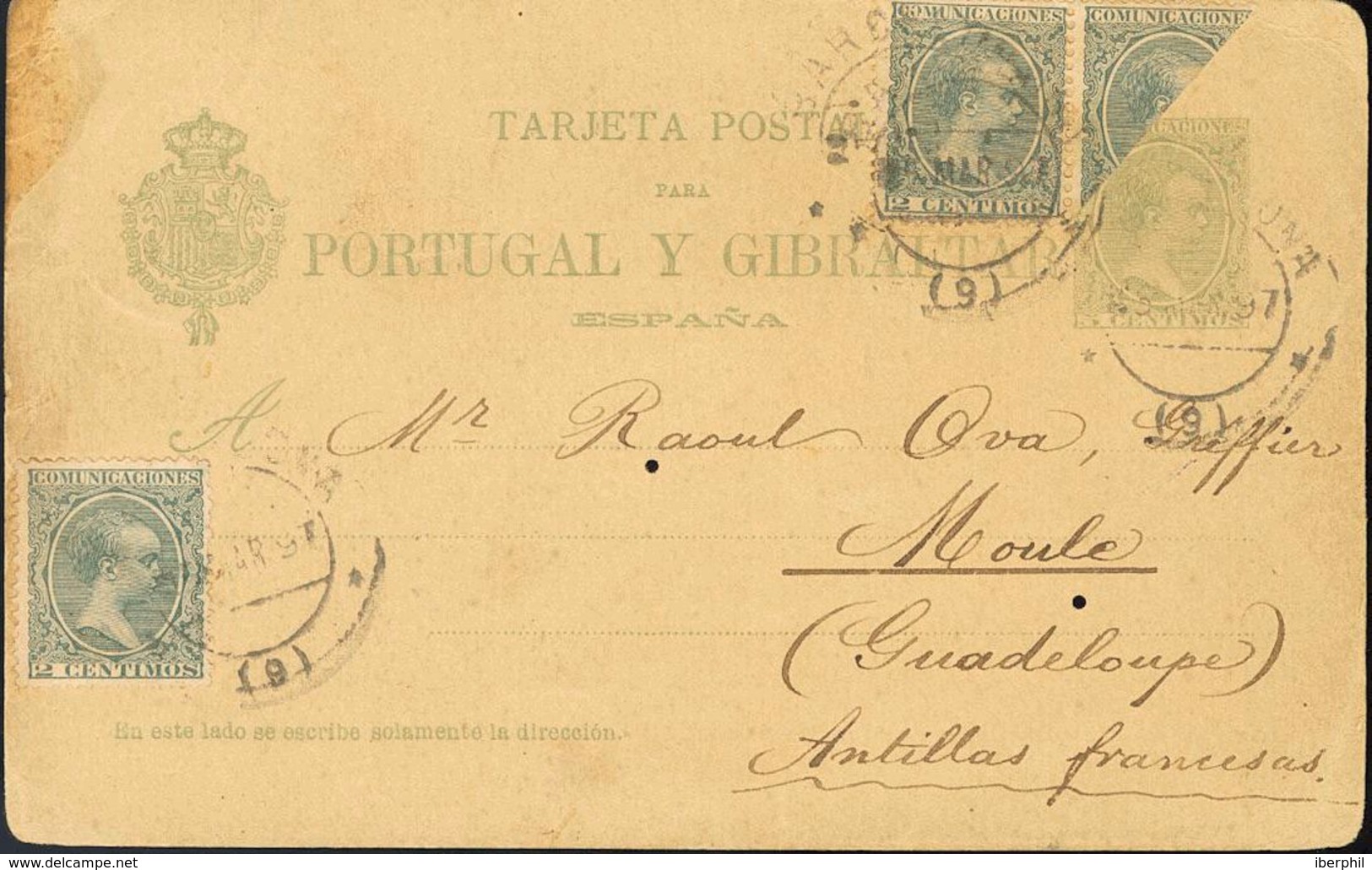 703 SOBRE EP34, 213(3). 1897. 5 Cts Verde Amarillo Sobre Tarjeta Entero Postal De BARCELONA A LE MOULE (GUADALUPE, ANTIL - Sonstige & Ohne Zuordnung