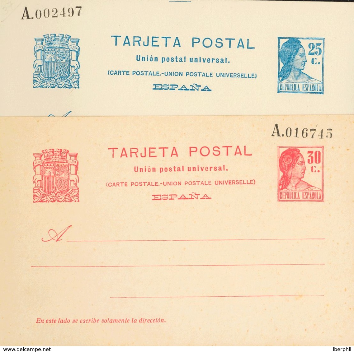 732 (*) EP71, EP72. 1933. 25 Cts Azul Y 30 Cts Carmín, Sobre Tarjetas Entero Postales. MAGNIFICAS. (Edifil 2018: 201€) - Sonstige & Ohne Zuordnung