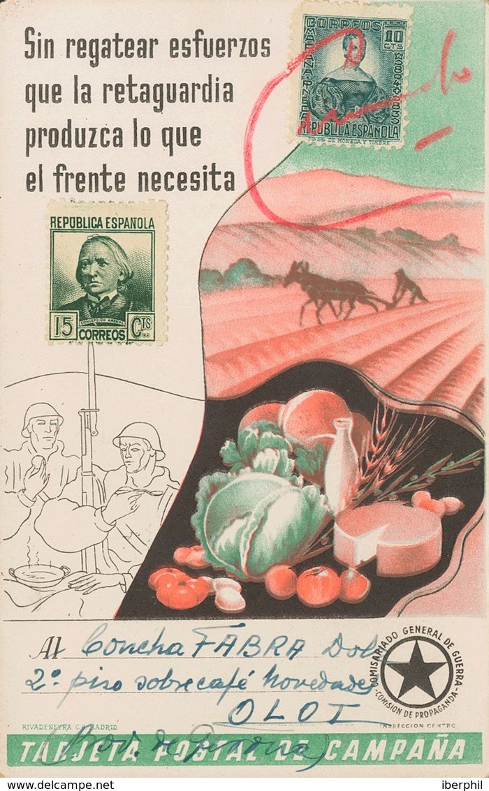 766 SOBRE. 1938. Tarjeta Postal De Campaña SIN REGATEAR ESFUERZOS QUE LA RETAGUARDIA PRODUZCA LO QUE EL FRENTE NECESITA  - Other & Unclassified