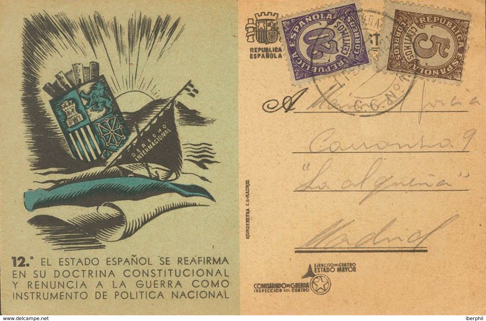 774 SOBRE 745, 748. 1939. 5 Cts Castaño Y 20 Cts Violeta. Tarjeta Postal De Campaña 12º EL ESTADO ESPAÑOL SE REAFIRMA... - Other & Unclassified