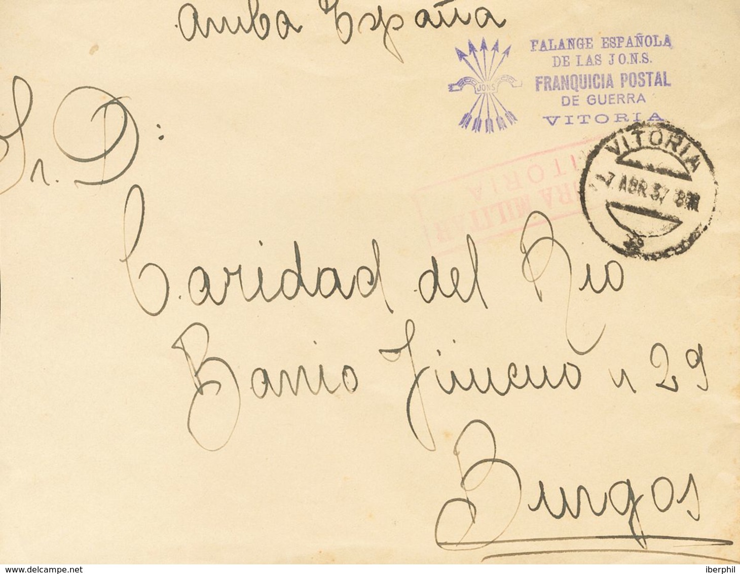 780 SOBRE. 1937. VITORIA A BURGOS. Marca De Franquicia FALANGE ESPAÑOLA / DE LAS J.O.N.S. / FRANQUICIA POSTAL / DE GUERR - Other & Unclassified