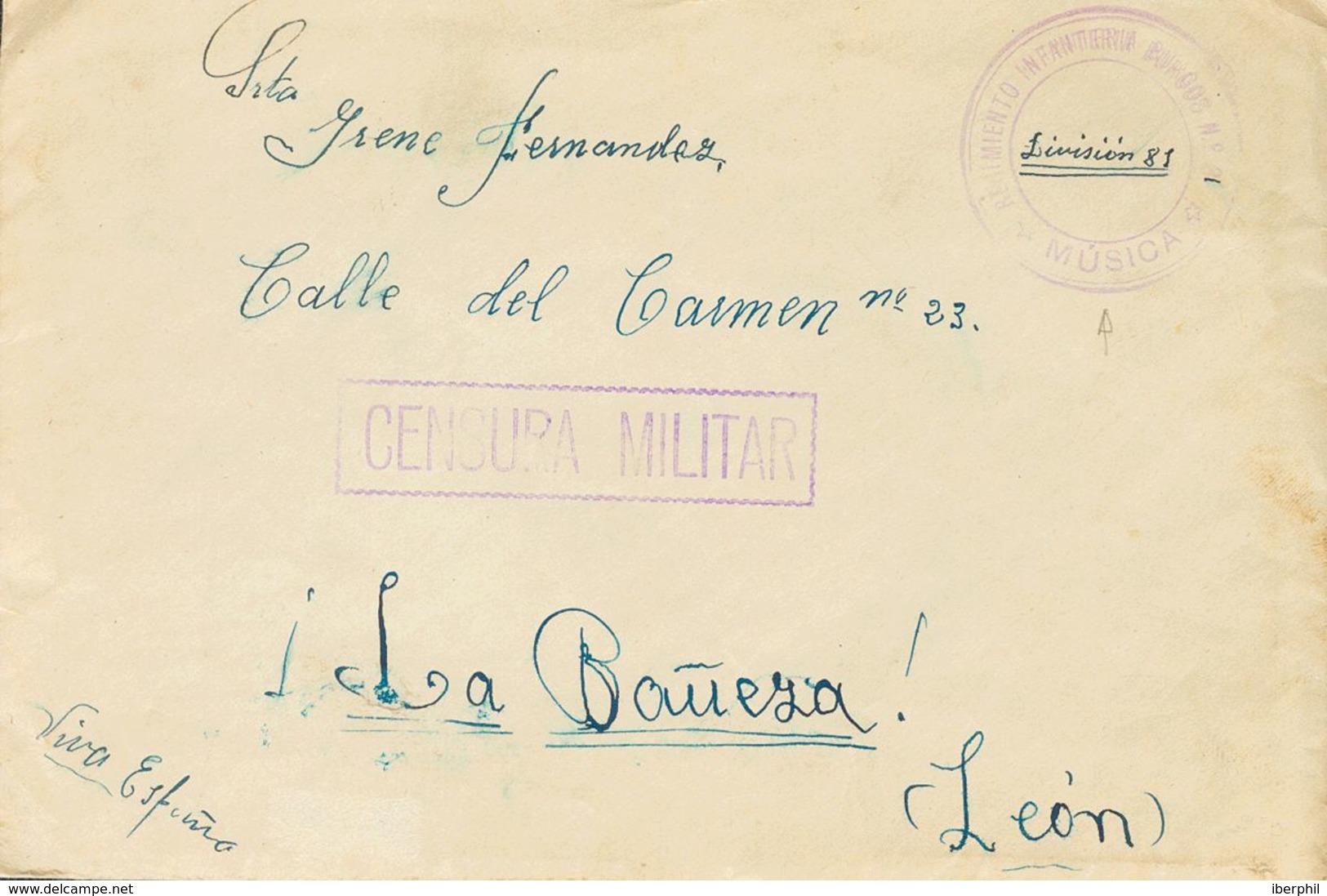 789 SOBRE. 1938. (13 De Octubre). TERUEL A LA BAÑEZA. Marca De Franquicia REGIMIENTO INFANTERIA BURGOS Nº81 / *MUSICA*,  - Other & Unclassified