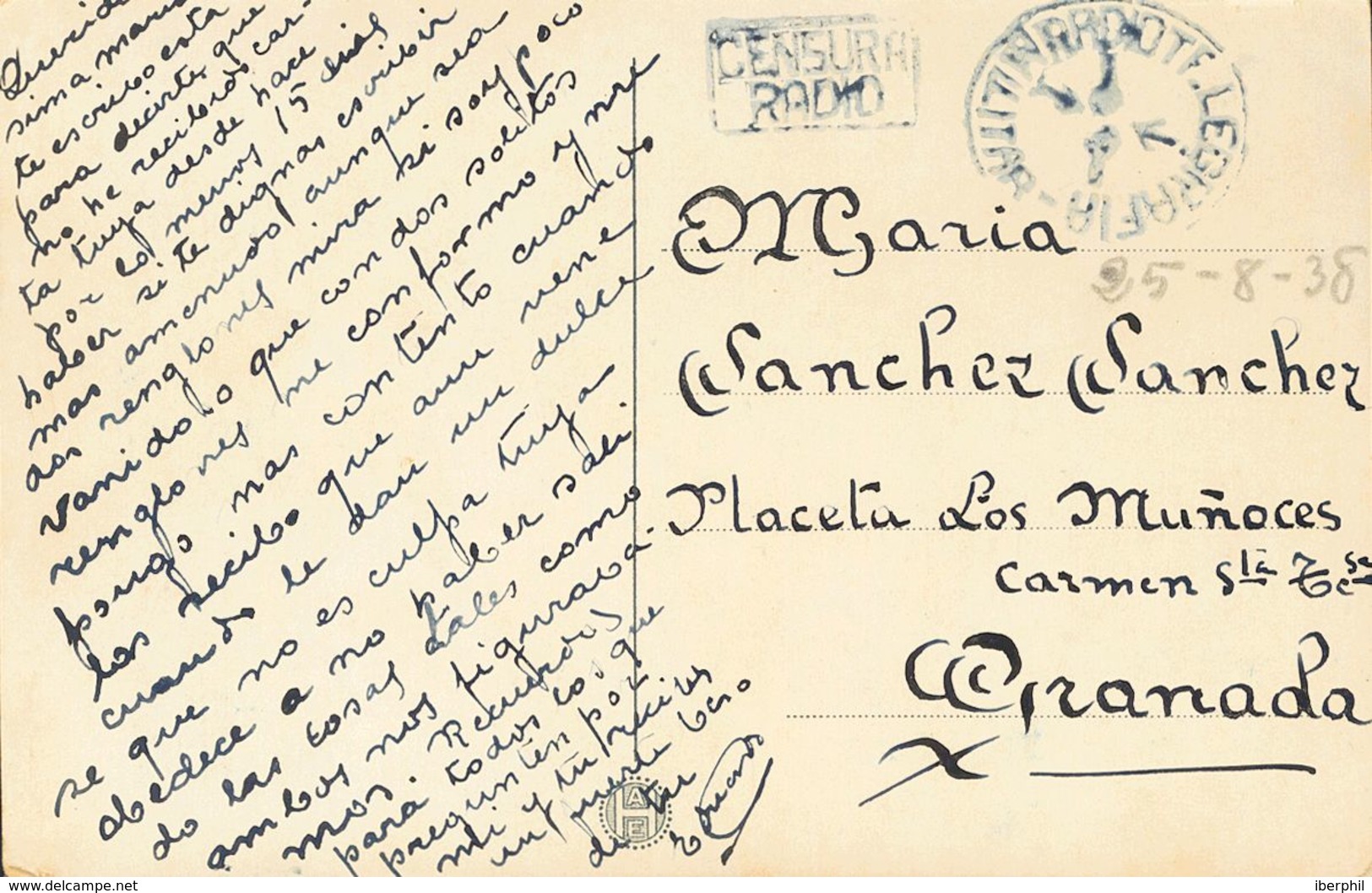 790 SOBRE. (1938ca). Tarjeta Postal Dirigida A GRANADA. Marcas Especiales RADIOTELEGRAFIA / MILITAR Y CENSURA / RADIO, A - Other & Unclassified