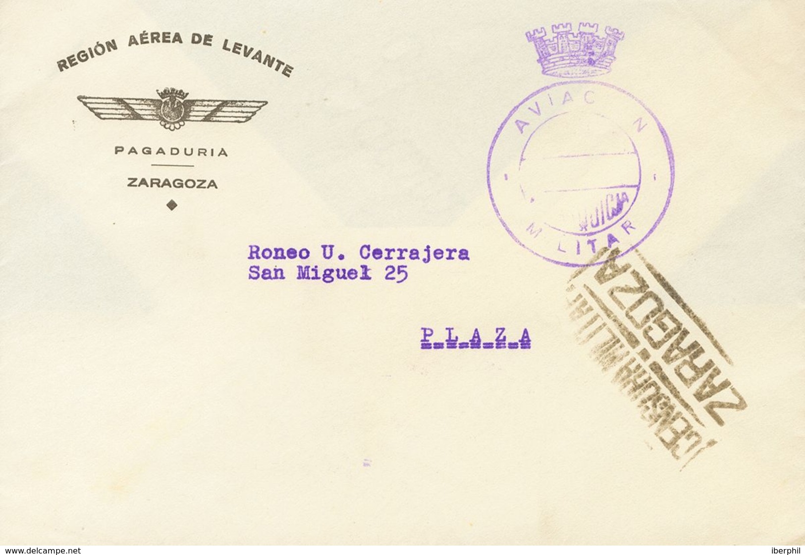 792 SOBRE. (1938ca). Dirigida A ZARAGOZA. Marca De Franquicia AVIACION / MILITAR, En Violeta Y Al Dorso REGION AEREA DE  - Other & Unclassified
