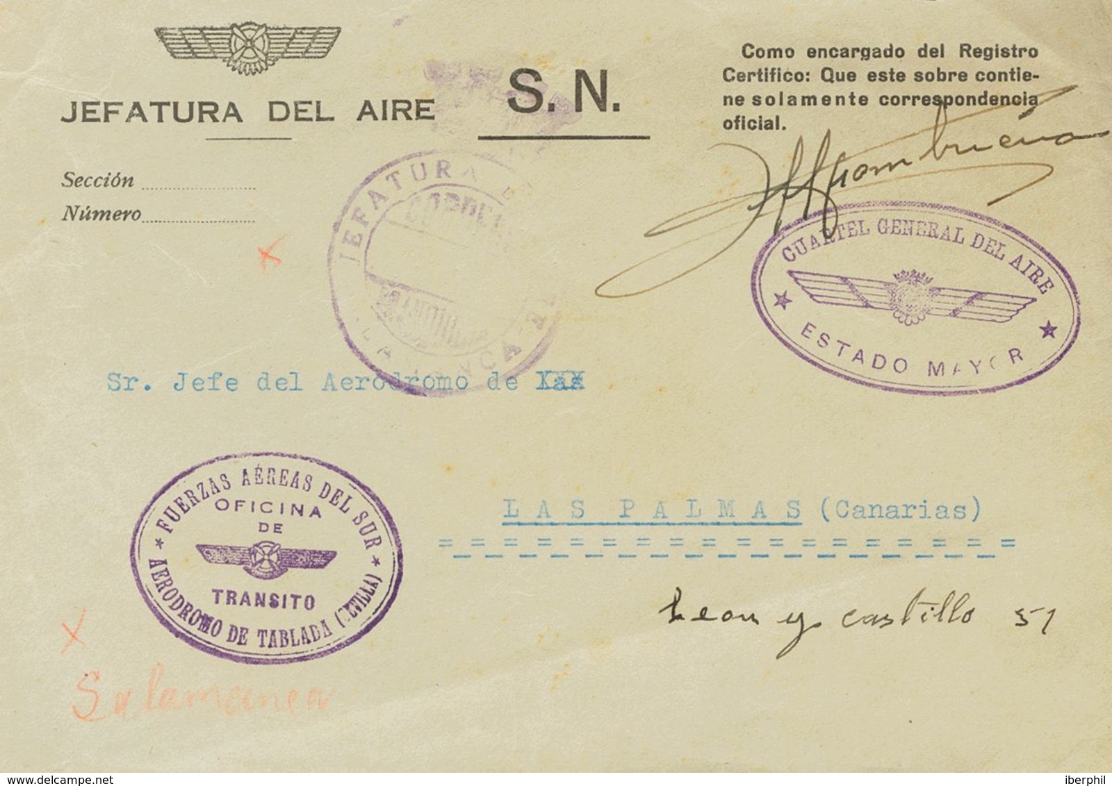 797 SOBRE. (1939ca). SALAMANCA A LAS PALMAS. Marca De Franquicia JEFATURA DEL AIRE / SALAMANCA Y Marcas Ovales CUARTEL G - Other & Unclassified