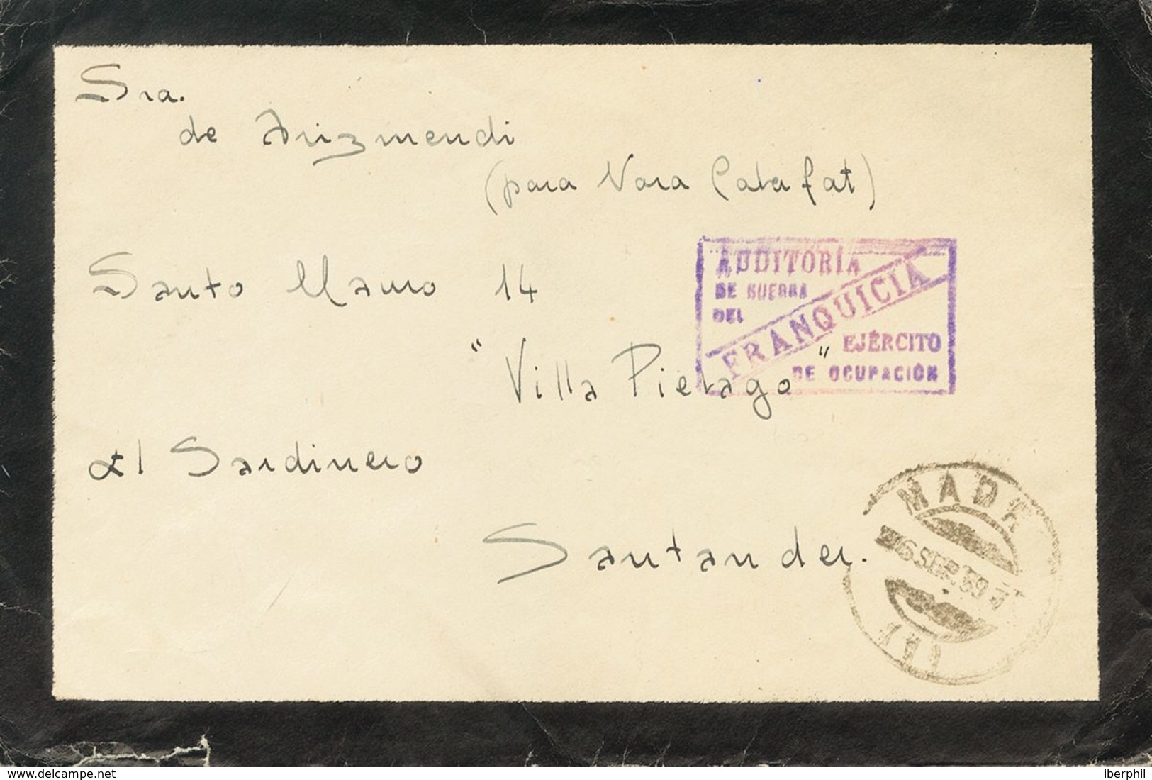 798 SOBRE. 1939. MADRID A SANTANDER. Marca De Franquicia AUDITORIA / DE GUERRA / DEL / EJERCITO / DE OCUPACION, En Viole - Other & Unclassified