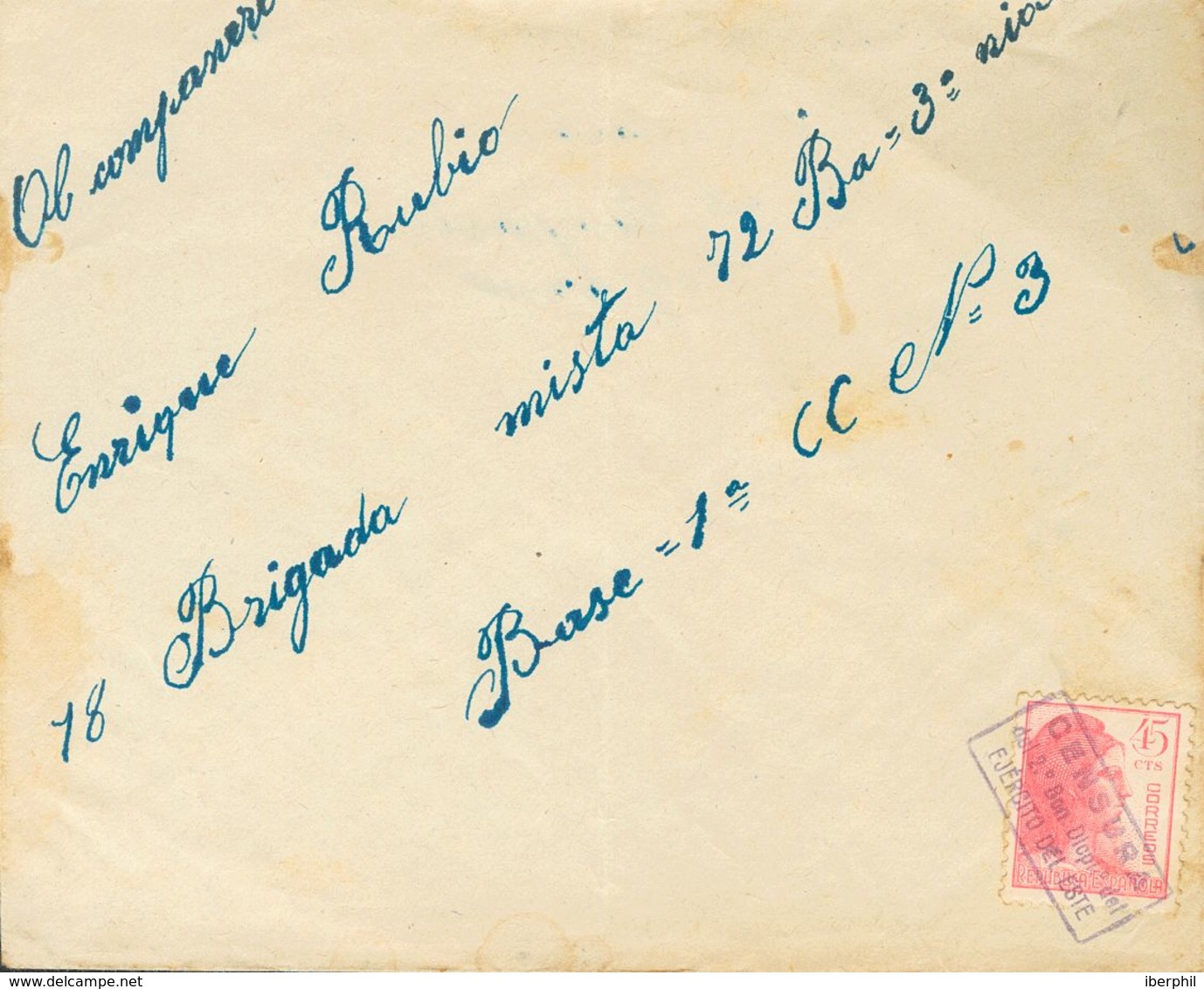 805 SOBRE 752. (1938ca). 45 Cts Rosa. Dirigida A "el Frente" Desde Un "Batallón Disciplinario". Matasello CENSURA / DEL  - Other & Unclassified
