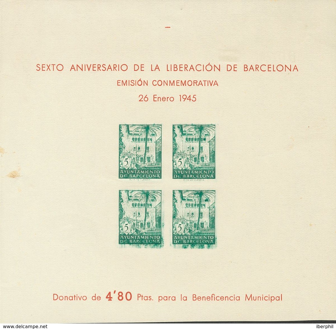 843 (*) NE28s. 1945. 5 Cts Verde, Hoja Bloque, Sellos Inferiores IMPRESION PATINADA. NO EMITIDA (sin Dentar, Formato Lig - Other & Unclassified