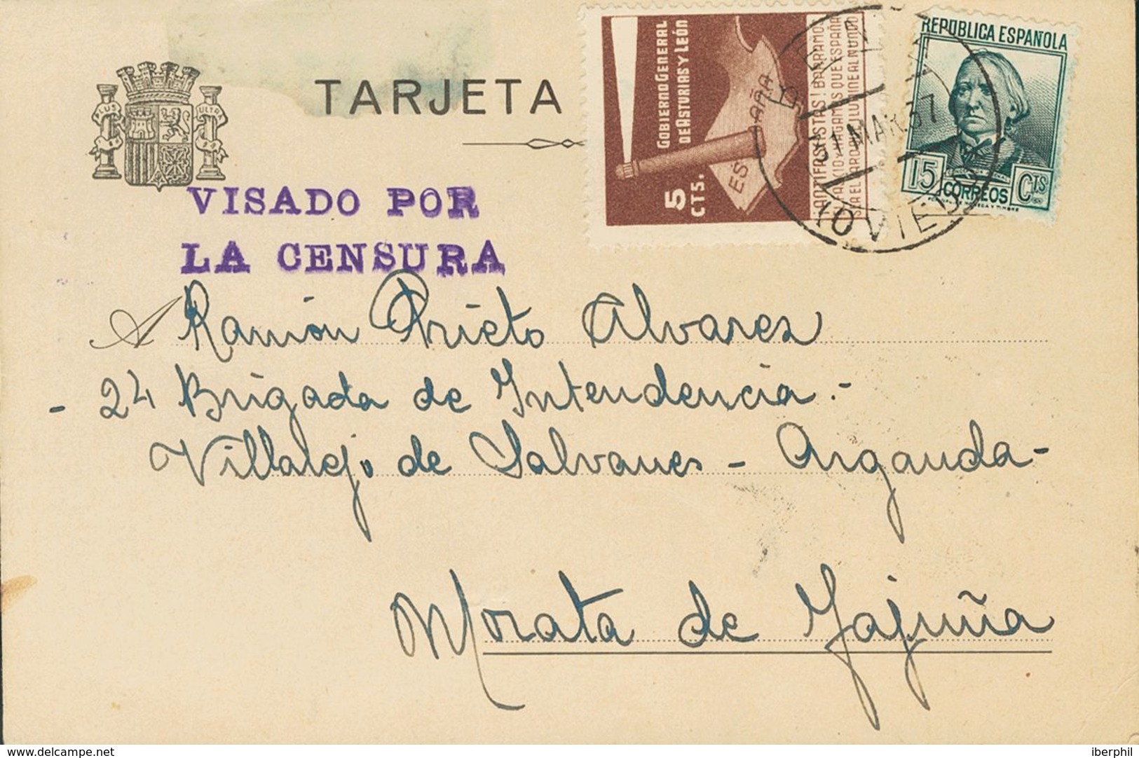 846 SOBRE 1. 1937. 5 Cts Castaño Y 15cts Verde Gris. Tarjeta Postal De BENIA DE ONIS (ASTURIAS) A MORATA DE TAJUÑA. Al D - Asturias & Leon