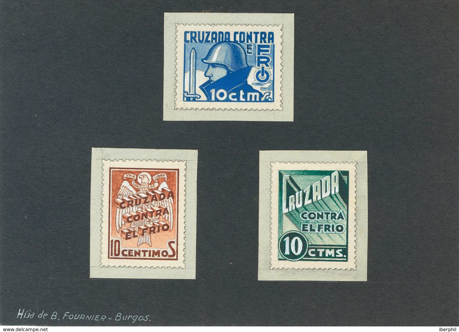 861 (*) . 1936. Espectacular PRUEBA DE ARTISTA COLECTIVA Con Tres Sellos De 10 Cts De Cruzada Contra El Frío Con Unos Di - Other & Unclassified