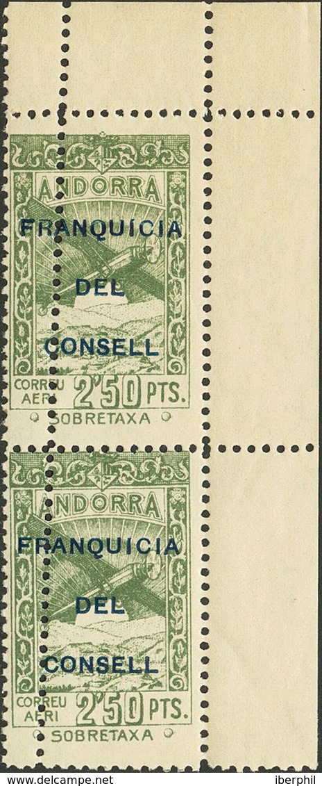 928 ** NE33ddv(2). 1932. 2'50 Pts Verde Oliva NO EMITIDO, Pareja. Variedad DOBLE DENTADO VERTICAL. MAGNIFICA. (Edifil 20 - Other & Unclassified