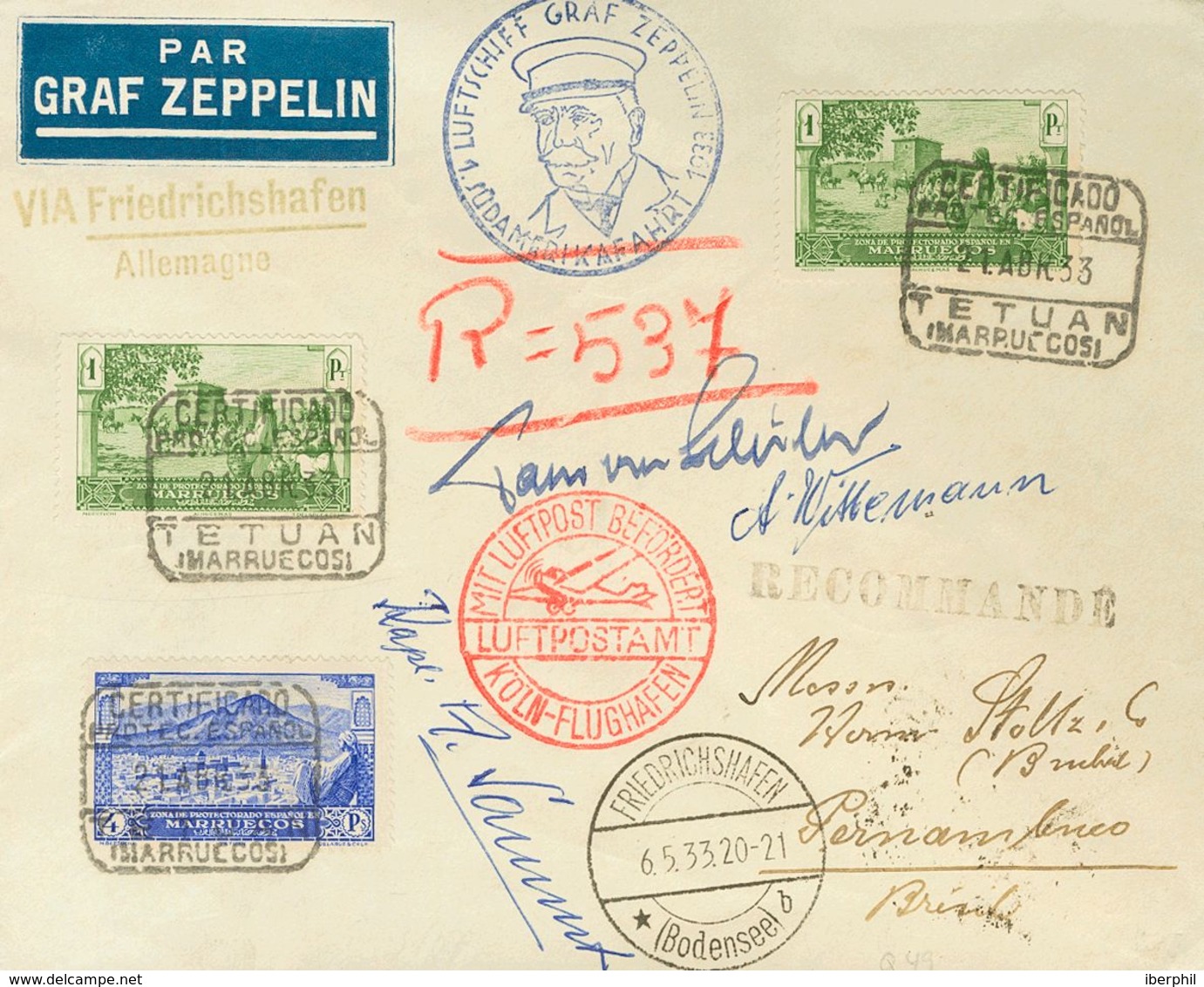 1195 SOBRE 111(2), 117. 1933. 1 Pts Verde, Dos Sellos Y 4 Pts Ultramar. Graf Zeppelin Certificado De TETUAN A PERNAMBUCO - Other & Unclassified