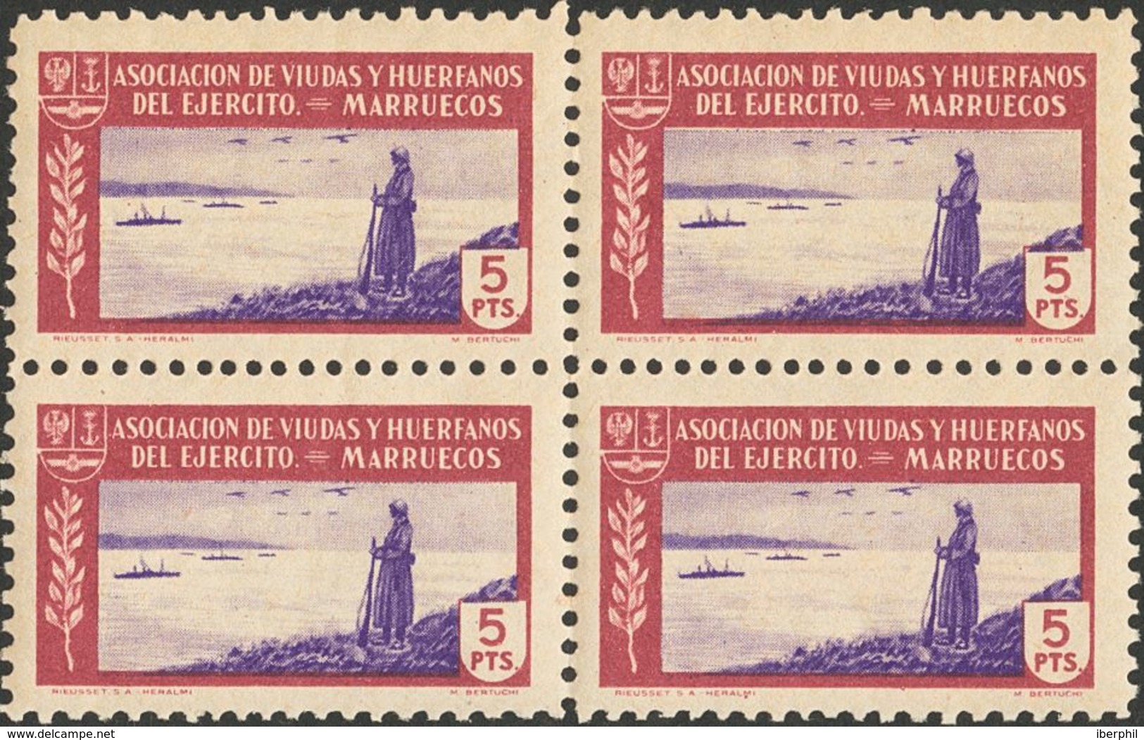 1225 ** . (1940ca). 25 Cts Carmín Y Negro, 1 Pts Verde Y Ultramar Y 5 Pts Carmín Castaño Y Violeta, En Bloques De Cuatro - Spanish Morocco