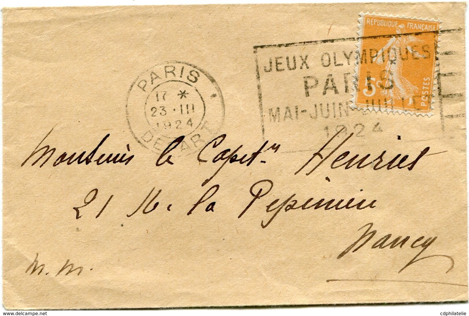 FRANCE THEME J.O. LETTRE AVEC FLAMME JEUX OLYMPIQUES PARIS MAI-JUIN-JUILLET 1924 DEPART PARIS 23 III 1924 POUR LA FRANCE - Summer 1924: Paris