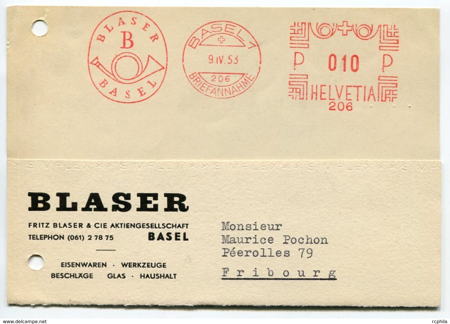 RC 8125 SUISSE 1953 AFFRANCHISSEMENT MÉCANIQUE PUBLICITAIRE BLASER BASEL - Lettres & Documents