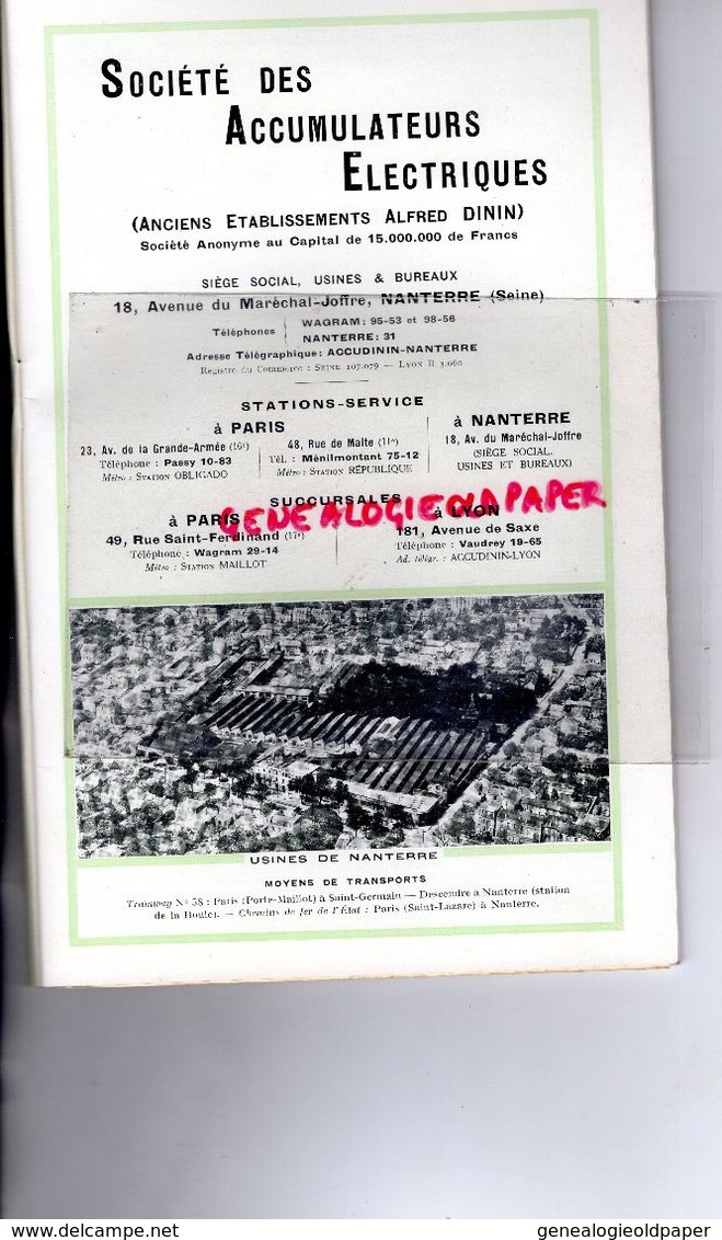 69- LYON-75-PARIS -LIVRE STE ACCUMULATEURS ELECTRIQUES-ALFRED DININ-92-NANTERRE-18. AV. MARECHAL JOFFRE-1929 - Do-it-yourself / Technical