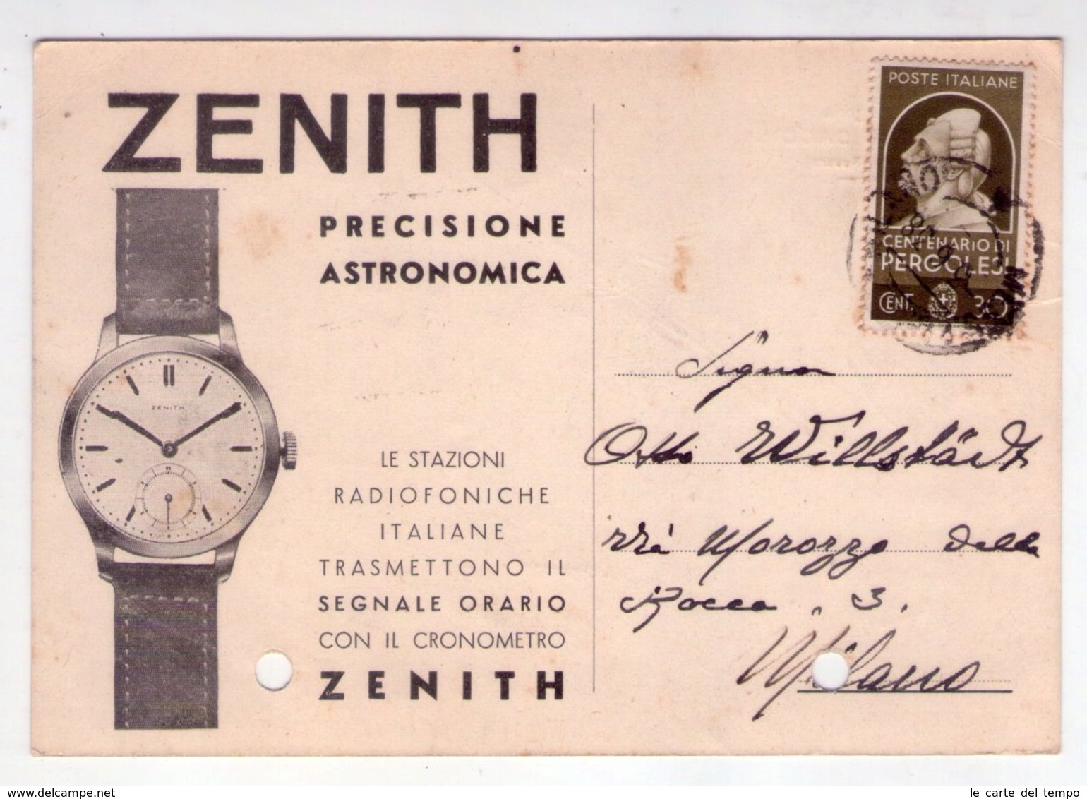 Invio Postale Cronometro ZENITH, Precisione Astronomica. Orologeria Pompilio Caccini (Intra) 1938 - Pubblicitari