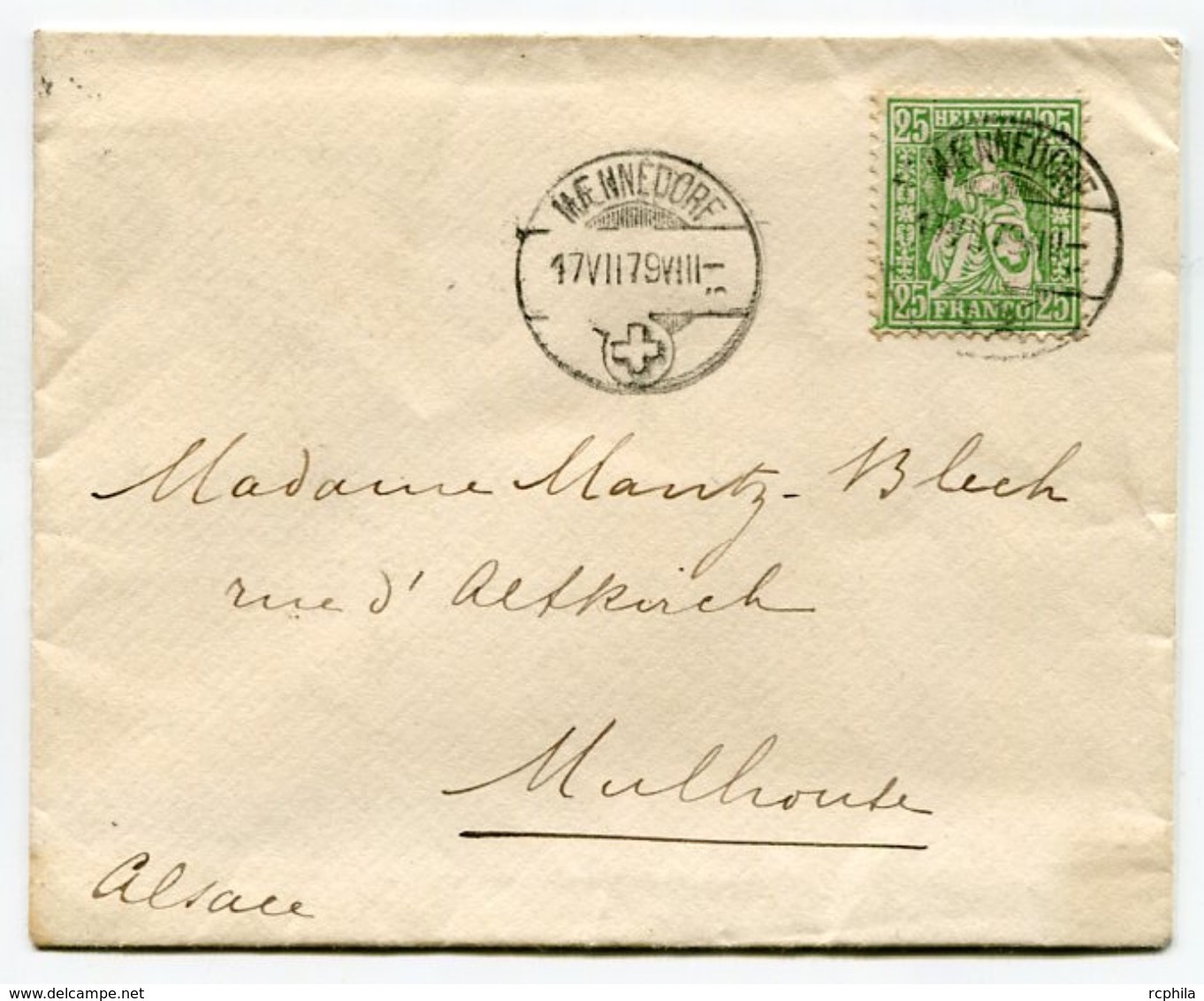 RC 8128 SUISSE 1879 - 25c HELVETIA ASSISE OBL. MENNEDORF POUR MULHOUSE ALSACE ALLEMAGNE LETTRE COVER TB - Storia Postale