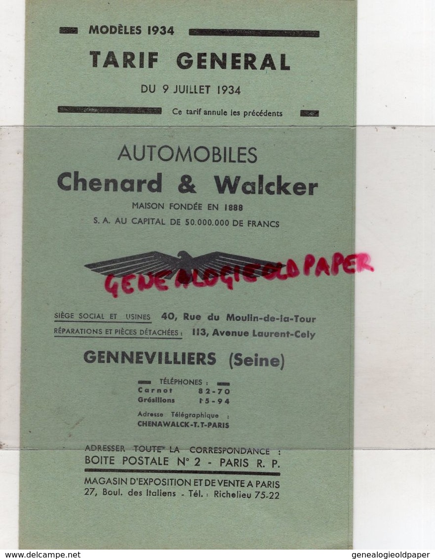 92- GENNEVILLIERS-PARIS-  RARE TARIF GENERAL 1934- AUTOMOBILES CHENARD & WALCKER- - Automobil