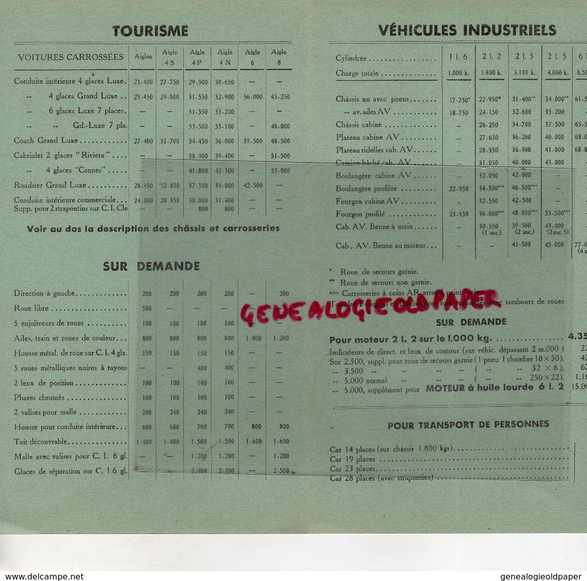 92- GENNEVILLIERS-PARIS-  RARE TARIF GENERAL 1934- AUTOMOBILES CHENARD & WALCKER- - Automovilismo