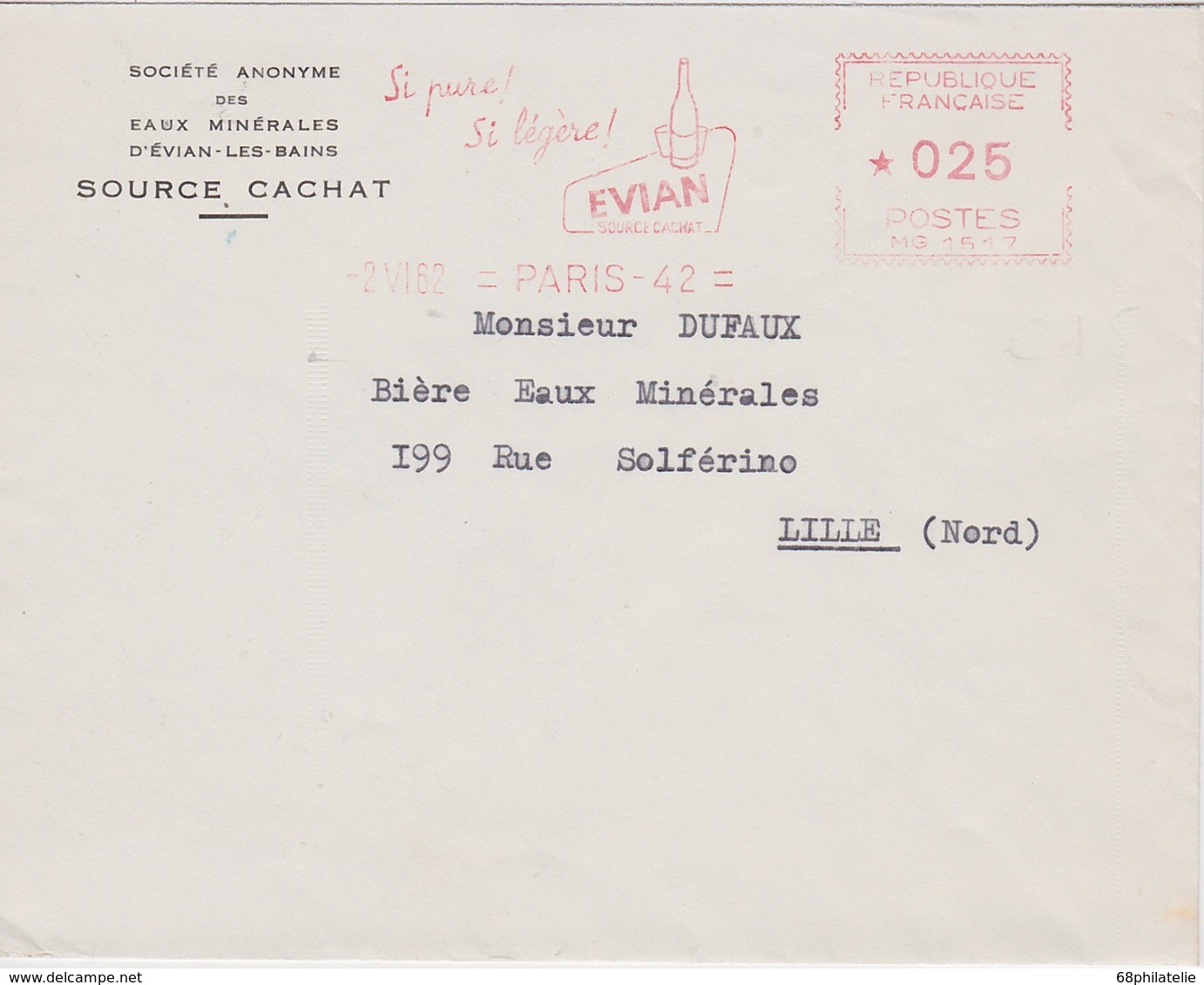 FRANCE 1962 LETTRE DE PARIS EMA THEEME EAU EVIAN - Affrancature Meccaniche Rosse (EMA)